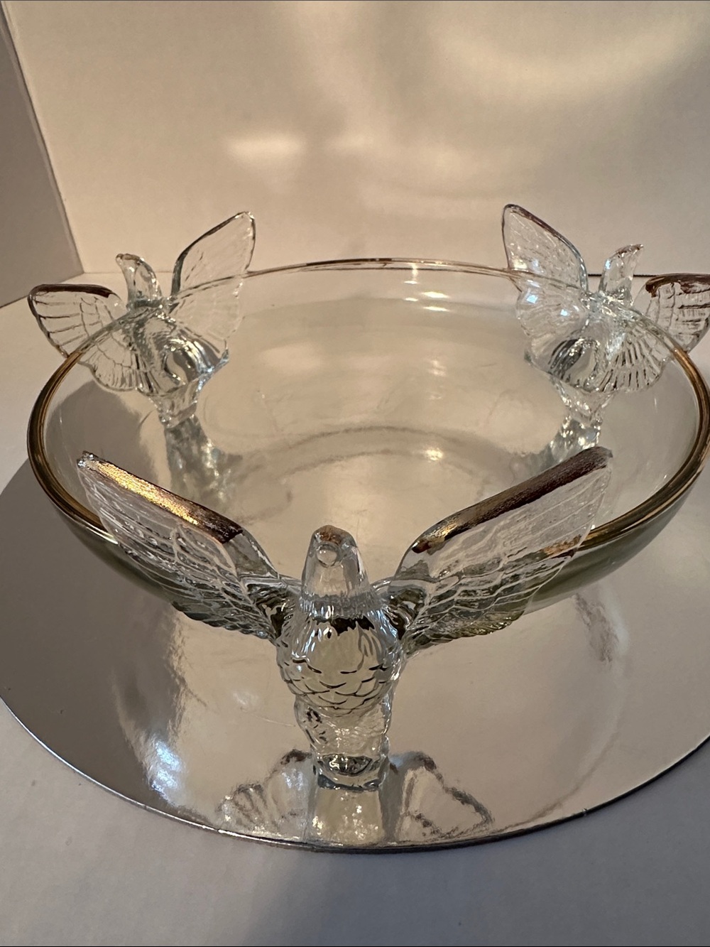 1940’s Jeannette Glass - Clear Eagle Footed Bowl with Gold Trim